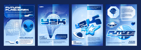 Y2k vibe space banners set. Vector realistic illustration of retrowave posters with wireframe globe, torus, alien face, lollipop, heart, star icons on blue gradient background, retro futuristic flyersのイラスト素材