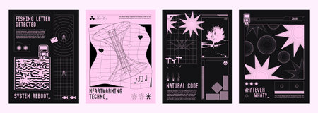 Poster or cover design in y2k aesthetic style with wireframe, bitmap and pixel elements. Vector set...