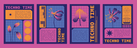 Y2k aesthetic poster or cover design with gradient colored flowers and text box. Vector set of...