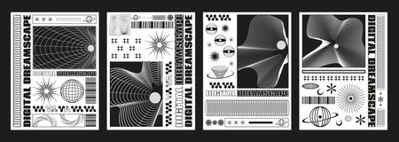 Retro futuristic techno banners set. Vector realistic illustration of retrowave aesthetic black and white posters with wireframe landscape, planet, star, flower icons, y2k vibe announcement flyersのイラスト素材