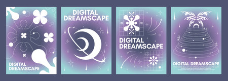 Y2k aesthetic poster and banner design template set with gradient background and simple abstract 2000s style shapes and elements. Cover with minimal geometric and tribal sigilism butterfly ornament.のイラスト素材