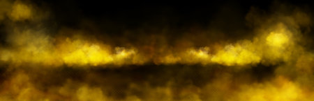 Cloud of yellow smoke on black background. Vector realistic illustration of golden color dust overlay effect, transparent smoky mist texture, toxic chemical smog, nightclub party steam, light hazeのイラスト素材