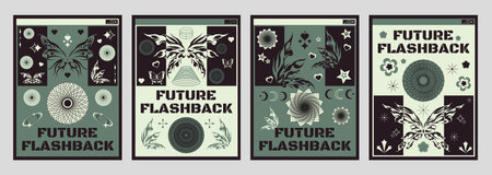 Y2k vibe boho aesthetic banners set. Vector realistic illustration of retrowave posters with elegant floral decoration, butterflies on green and black background, retro futuristic flashback vibe flyerのイラスト素材
