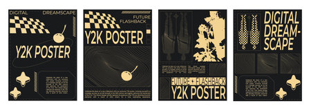 Retrowave aesthetic flyers set. Vector realistic illustration of y2k vibe posters with yellow cherry, human body, star icons on black background, retro futuristic art banners, data frames collageのイラスト素材