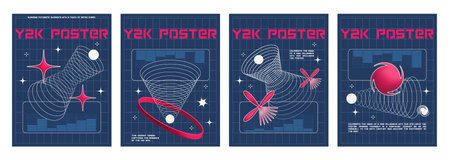 Poster design layout in y2k style with grid geometric shape and icon. Vector set of banner or cover composition template with wireframe 3d figure in 2000s aesthetic. Minimalistic collage composition.のイラスト素材