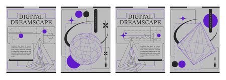 Retrowave aesthetic banners set. Vector realistic illustration of y2k style posters with blue wireframe globe, lines on gray background, retro futuristic vibe flyers, geometric 3D design elementsのイラスト素材