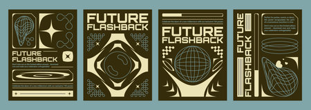 Retro futuristic vibe flyers set. Vector realistic illustration of y2k aesthetic techno banners, retrowave style poster with yellow wireframe globe, abstract geometric lines on black backgroundのイラスト素材