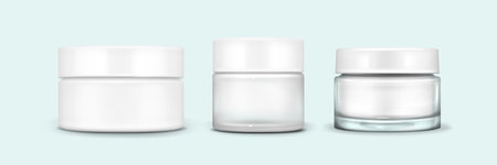 Cream glass jar with white cap mockup. Realistic vector illustration set of transparent, translucent and matte plastic container for cosmetic. Clear makeup or face cream package with glossy lid.のイラスト素材