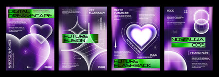 Modern trendy y2k style poster design template with gradient heart and twinkle shape on purple holographic liquid color background. Vector set of romantic banner or placard layout in 2000s aesthetic.のイラスト素材