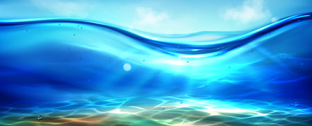 Sea bottom view under blue sky. Vector realistic illustration of underwater background, sunlight rays penetrating ocean, river, lake water, air bubbles in aqua, waterline with transparent clear wavesのイラスト素材