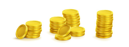 Gold coin stack with different sizes of cash money pile in realistic 3d vector illustration set. Glossy simple golden currency heap - financial wealth, profit and deposit concept. Game treasure icon.のイラスト素材