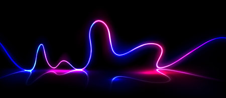 Neon laser wave for music equalizer concept. Realistic vector illustration of abstract pink and blue glow line as sound energy pulse. Gradient led fluorescent dynamic chart for synthwave design.のイラスト素材