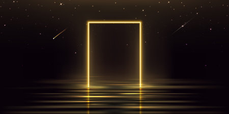 Rectangular yellow frame on dark water background. Vector realistic illustration of golden neon gate reflection on liquid surface, shooting stars sparkling on night sky, music party design backdropのイラスト素材