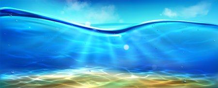 Sea bottom view under blue sky. Vector realistic illustration of underwater background, sunlight rays penetrating ocean, river, lake water, air bubbles in aqua, waterline with transparent clear wavesのイラスト素材