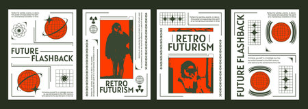 Retro futuristic vibe posters set with woman silhouette. Vector realistic illustration of y2k...
