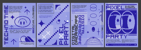 Retrowave aesthetic posters set. Vector illustration of retro futuristic style banners with pixel...