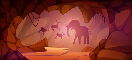 Prehistoric cave with animal drawings on wall. Vector cartoon illustration of mountain tunnel,...