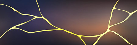 Golden kintsugi crack pattern on gray background. Vector realistic illustration of broken stone,...