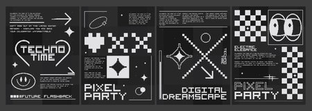 Trendy y2k design style poster layout with pixel art abstract elements and shapes of heart, smile face, arrow and cartoon eyes on black background. Vector set of 2000s aesthetic banner template.のイラスト素材