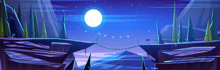 Rope bridge hanging between edges of high dangerous rock cliff with gap chasm at night. Dark evening cartoon natural landscape with adventure footbridge road over canyon in mountains under moon light.のイラスト素材