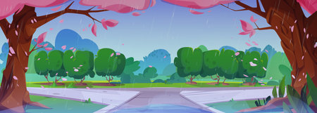Rainy spring park with sakura trees and pedestrian roads. Vector cartoon illustration of summer scenery with wet lawn and bushes, puddles on sidewalk in urban public garden, cloudy sky, petals in airのイラスト素材