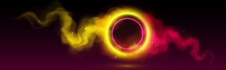 Neon ring in clouds of pink and yellow smoke on dark background. Vector realistic illustration of light circle portal glowing in shimmering mist with sparkles, game avatar, night club show designのイラスト素材