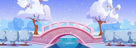 City public park in winter with stone bridge over river or pond, snowy trees and ground and falling snow. Cartoon vector panoramic cold weather urban garden landscape with frozen lake and woods.のイラスト素材