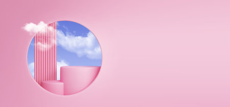 Pink pastel product podium installed behind round window in wall with blue sky and clouds. Realistic 3d vector illustration of two steps cylinder showcase presentation platform behind circle hole.のイラスト素材