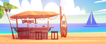 Summer beach bar against sea background. Vector cartoon illustration of tropical pub decorated with garland under palm tree, alcohol cocktail and exotic coconut juice on counter, surfing board on sandのイラスト素材