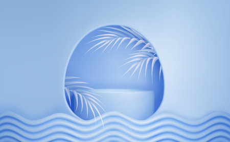 Cylinder podium in oval window. Vector realistic illustration of blue round platform decorated with palm tree branches on pastel background with wave line pattern, empty stage for product presentationのイラスト素材