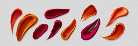 Lipstick smears set isolated on transparent background. Vector realistic illustration of red and orange lip gloss smudges, liquid paint sample, colorful creamy substance stroke, makeup productのイラスト素材