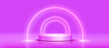 Round podium with neon light arch glowing on purple background. Vector realistic illustration of cylinder platform mockup for product presentation, led tubes decoration, futuristic showroom designのイラスト素材