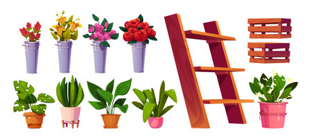Flower shop design set isolated on white background. Vector cartoon illustration of wooden shelf and crates, bunches of color roses, lilies in metal bucket vases, green plants in pots, florist storeのイラスト素材