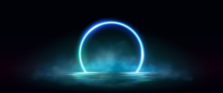 Neon circular arch frame with smoke over water surface with reflections. Realistic vector illustration of bright ring border with fog. Glowing round magic portal or product presentation template.のイラスト素材