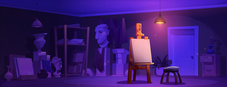 Night art studio interior design. Vector cartoon illustration of dark room for drawing and sculpture classes, blank canvas on easel, stool under lamp, paper, vases, statues on shelf, painting schoolのイラスト素材