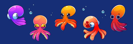 Cute childish octopus cartoon character float underwater with bubbles. Vector illustration set of cute marine or aquarium animal. Friendly sea and ocean creature with tentacle and adorable faces.のイラスト素材