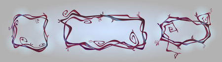 Spooky dry liana vines with glow and twisted branches in form of square, rectangle and oval frame for game ui design. Cartoon vector illustration set of scary creepy magic jungle brown border.のイラスト素材