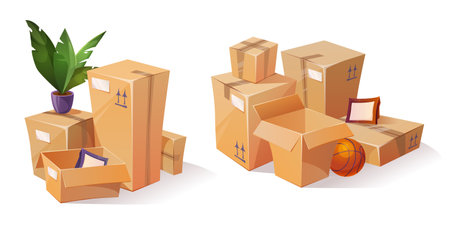 Cardboard box piles with house stuff for move to new home, garage sale or storage concept. Cartoon vector illustration set of open and closed carton pack stack with plant in pot and picture frames.のイラスト素材