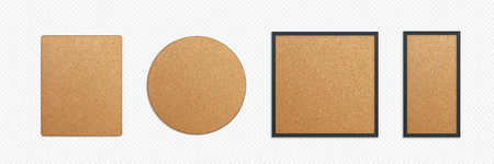 Set of memo pin boards with cork texture isolated on transparent background. Vector realistic...