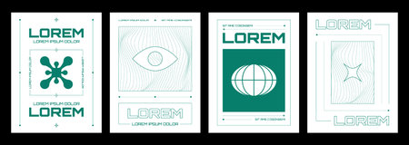 Trendy poster design template in 90s and 00s style with simple abstract geometric shapes and typography. Vector set banner in y2k aesthetic with grid ornament and line frame. Minimalistic composition.のイラスト素材