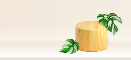 Wooden platform and monstera leaves on light beige background. Vector realistic illustration of wood podium for organic cosmetic or beauty product presentation, tropical plant leaf shadow on wallのイラスト素材