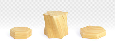 Wooden hexagon and star shaped product podium of different height and angle of view on transparent background. Realistic vector presentation platform made of light wood. Natural material pedestal.のイラスト素材