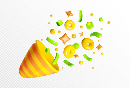 Yellow plastic party popper with flying paper confetti, stars and decorative elements for birthday or winner congratulation concept. Realistic 3d vector illustration of surprise festive firecracker.のイラスト素材