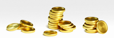Stack of gold coin of different size. Realistic 3d vector golden metal money in pile. Financial and bank game or casino cash treasure. Heap of empty circular currency for profit and wealth concept.のイラスト素材