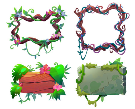 Jungle frame and border plate cartoon game ui design collection with green lush liana vines and dry creepy branches, wooden signboard with leaves and flowers and spooky marshy stone banner with moss.のイラスト素材