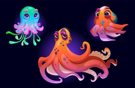 Octopus and jellyfish cartoon characters set. Vector collection of cute underwater sea, ocean or aquarium animals with tentacles. Childish swimming adorable tropical marine inhabitant with funny facesのイラスト素材