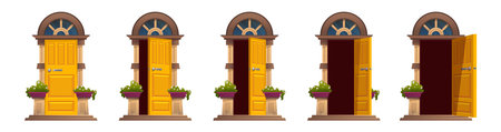 Door opening process steps. Cartoon vector illustration set of wooden house front door with arch frame in close, ajar and open positions. Home entrance with handle and flowers in pot from outside.のイラスト素材