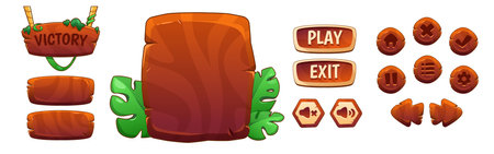 Tropical adventure game buttons set isolated on white background. Vector cartoon illustration of play, exit, sound, home, menu buttons, stone victory board on rope, exotic monstera leaves decorationのイラスト素材