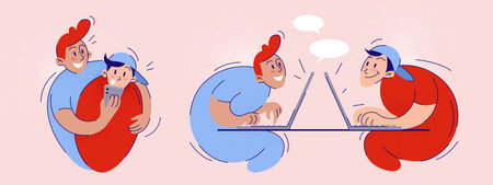 Friends using smartphone and laptop isolated on pink background. Flat vector illustration of happy teen boys having fun with mobile app, communicating online on computers, blank speech bubblesのイラスト素材