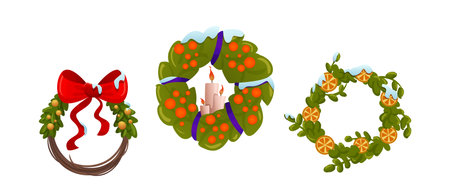 Set of xmas wreaths isolated on white background. Vector cartoon illustration of traditional winter holiday decoration, branch circle with ribbon bow, advent candles, orange pieces covered with snowのイラスト素材